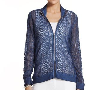 Chico’s Zenergy Stunning Blue Lace Feminine Sporty Lace Zip Up Sheer Jacket Sz 8